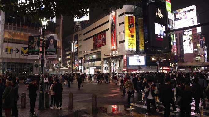 高清实拍日本东京涩谷十字路口人群