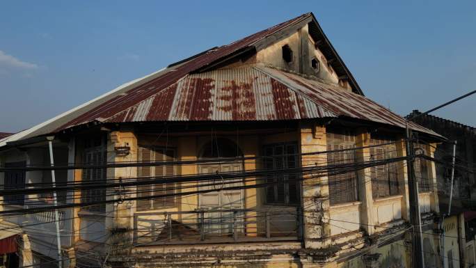 航拍东南亚柬埔寨贡布法国殖民建筑老骑楼