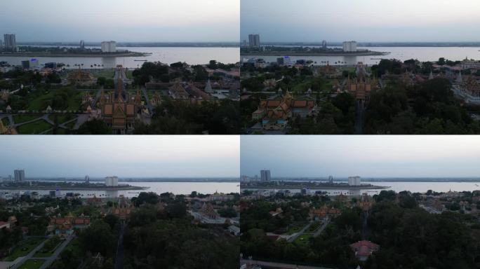 航拍东南亚柬埔寨首都金边湄公河日出日落
