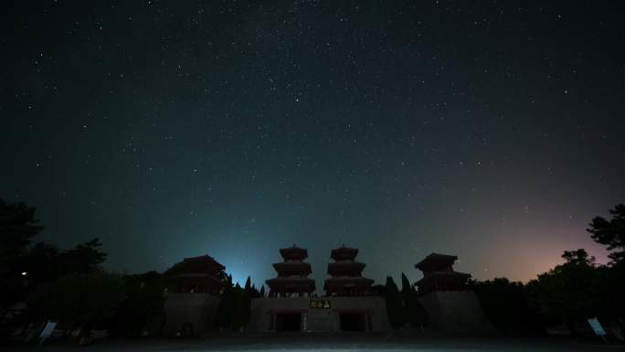 函谷关城楼夜景星空延时夜转日