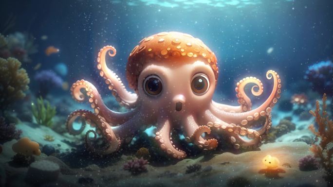4K卡通唯美梦幻海底世界章鱼珊瑚概念背景