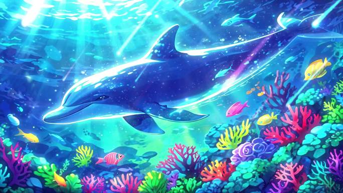 4K卡通油画唯美梦幻海底世界海豚珊瑚背景