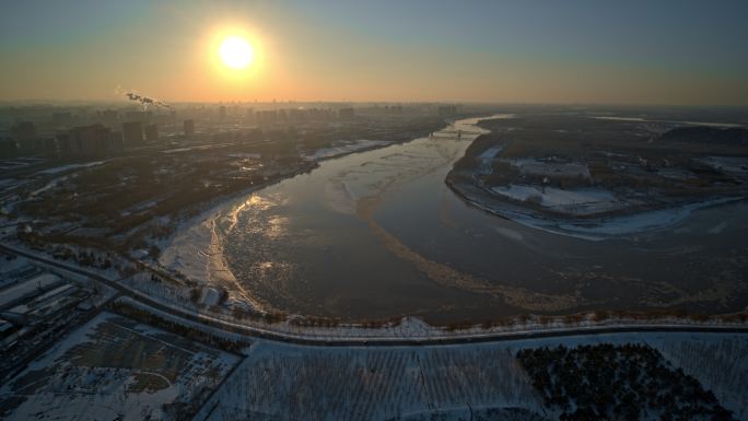 8K雪后济南黄河洛口大拐弯落日