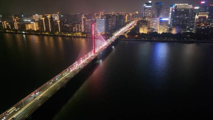 杭州钱塘江西兴大桥夜晚夜景航拍车流交通城