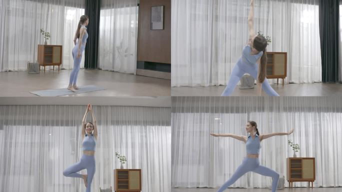 唯美外国女孩居家练习有氧运动瑜珈锻炼身体