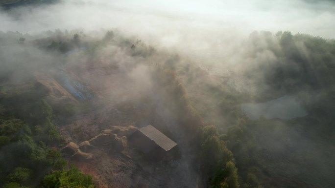 江西乡村小河农田自然风光清晨日出平流雾