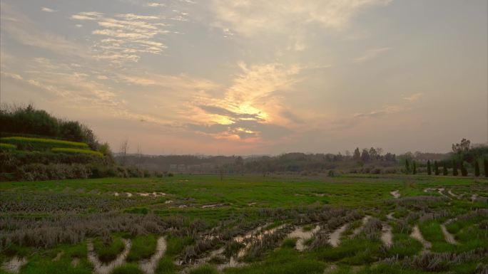 湖北黄冈市丘陵地带春天准备耕种的稻田延时
