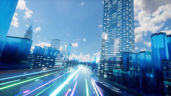 科技城市穿梭数字化三维全息投影建筑生长
