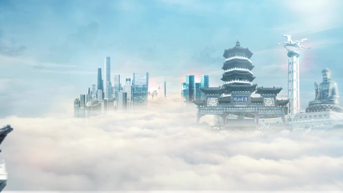 4K云层城市建筑穿梭AE模板