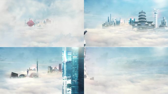 4K云层城市建筑穿梭AE模板