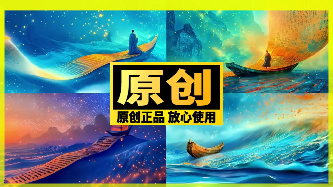 中国风画卷佛经 帆船 航行古风 意境