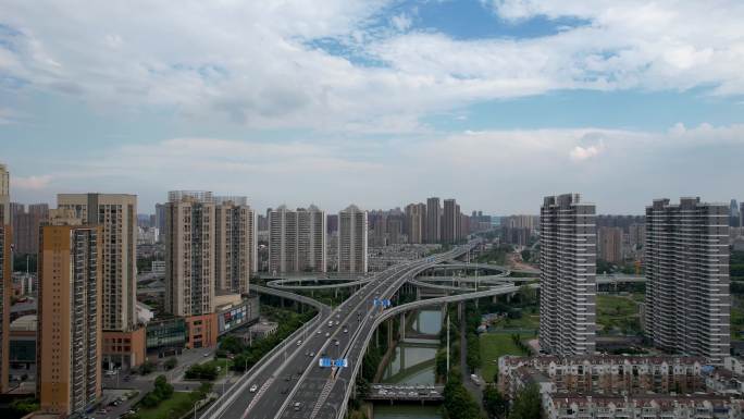 航拍武汉城市建筑群高架桥交通道路车流