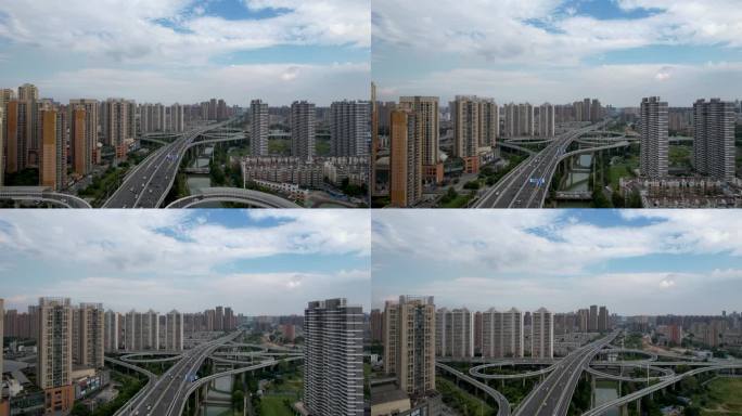 航拍武汉城市建筑群高架桥交通道路车流