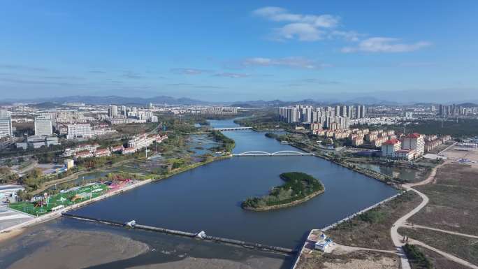 山东海阳城市风光东方航天港航拍