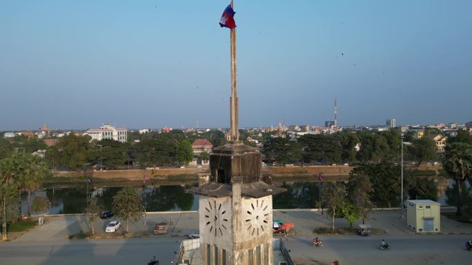 航拍东南亚柬埔寨马德望中央市场殖民老建筑