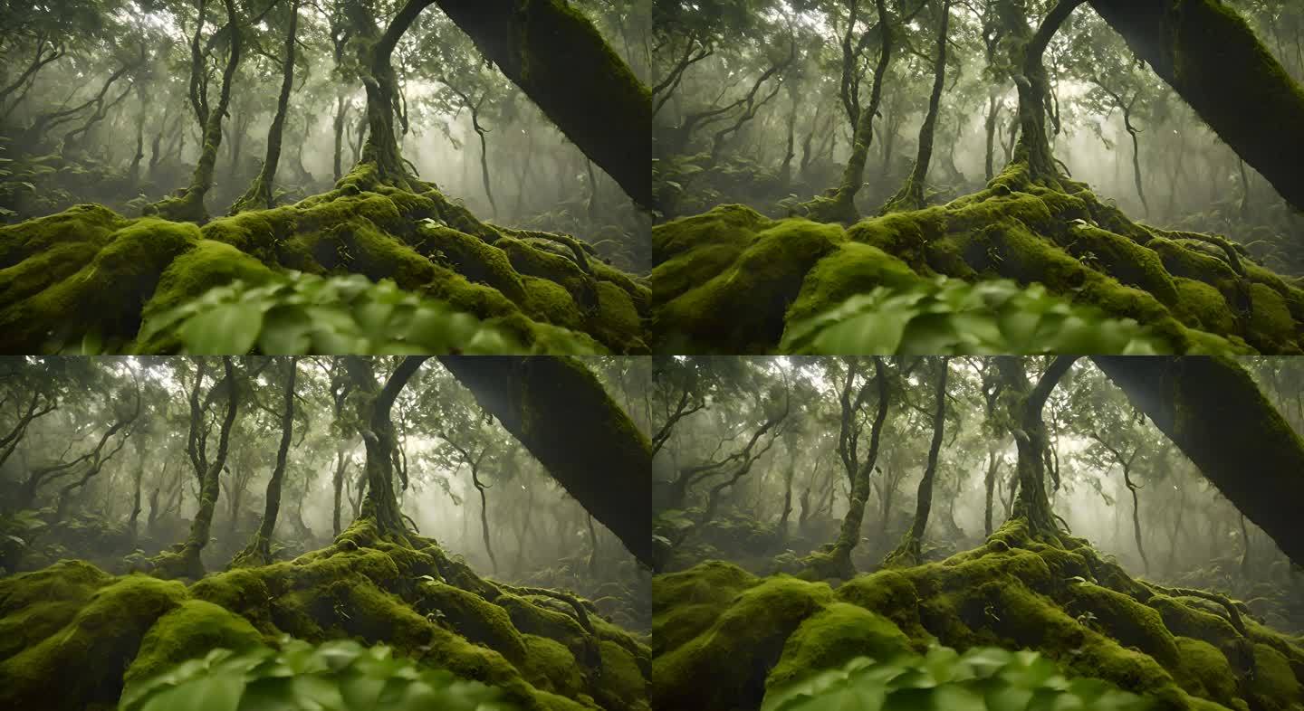 亚马逊雨林森林小径中的树根和苔藓