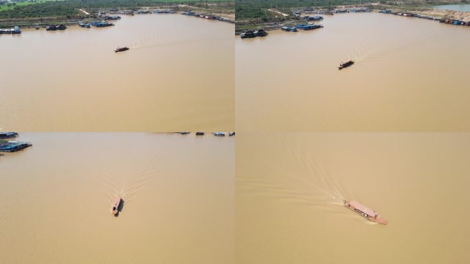 航拍东南亚柬埔寨暹粒码头萨里洞湖水上市场