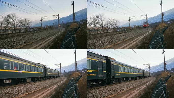大山中近距离拍摄绿皮火车驶过高清素材
