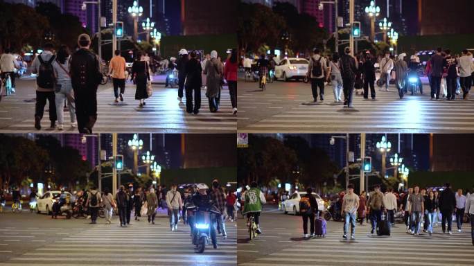 夜景 红绿灯路口行人过马路人流人群
