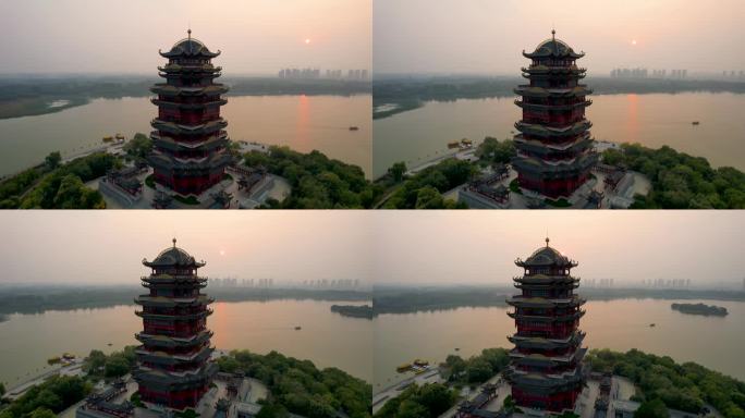 滨州黄河楼蒲湖风景区日落夕阳自然风光航拍