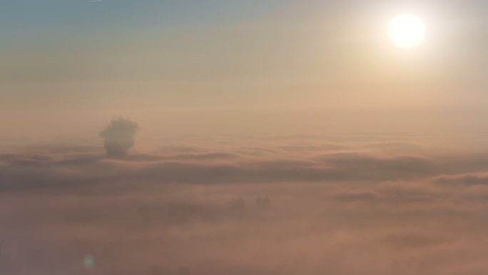 中国辽宁沈阳晨雾平流雾航拍