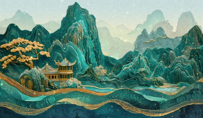 鎏金中国山水画古风背景 戏曲