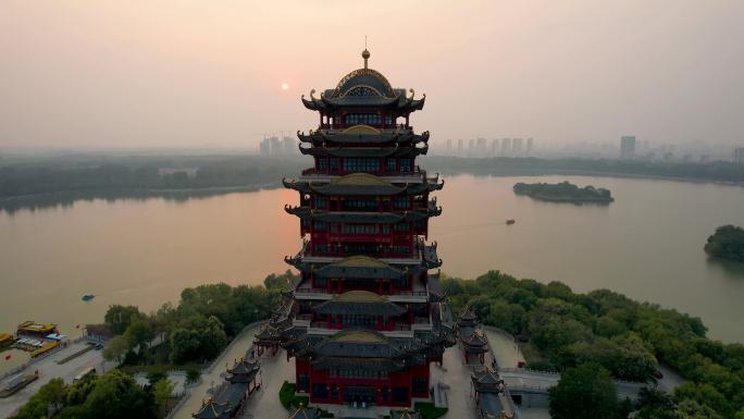 滨州黄河楼蒲湖风景区日落夕阳自然风光航拍