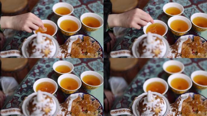 （慢镜）新疆古老的百年老茶馆泡茶倒茶