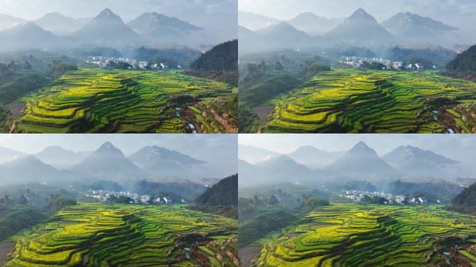 山间 大山 阳光 清晨 晨雾 梯田