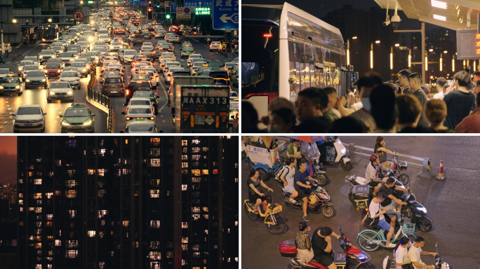 夜晚城市人群交通下班堵车小区灯光挤公交