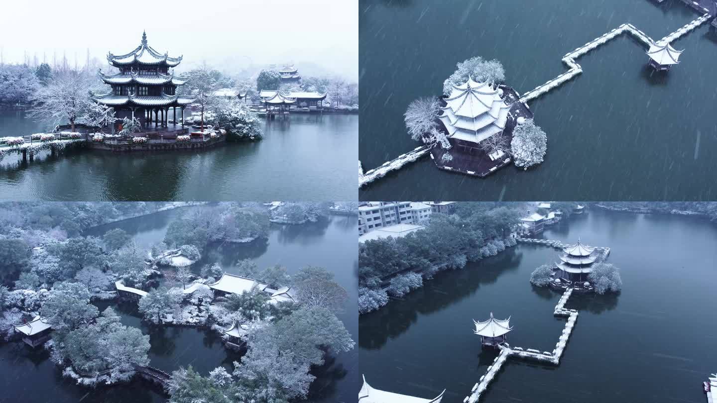 临海东湖雪景4k航拍