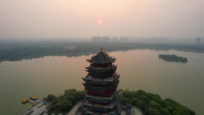 滨州黄河楼蒲湖风景区日落夕阳自然风光航拍