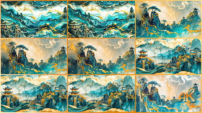 古风精致山水画 中国古代风格鎏金国风油画