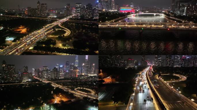 广州大桥海心桥夜景航拍车流交通广州大道夜