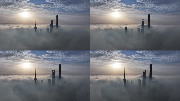 上海陆家嘴日出云海平流雾航拍