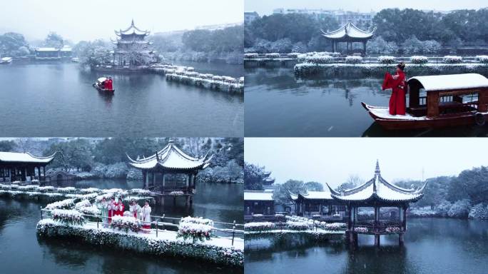 临海东湖雪景4k航拍