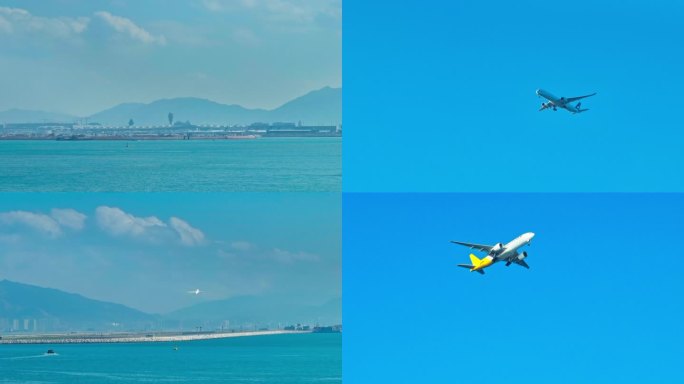 港珠澳大桥航拍香港国际机场飞机起飞降落