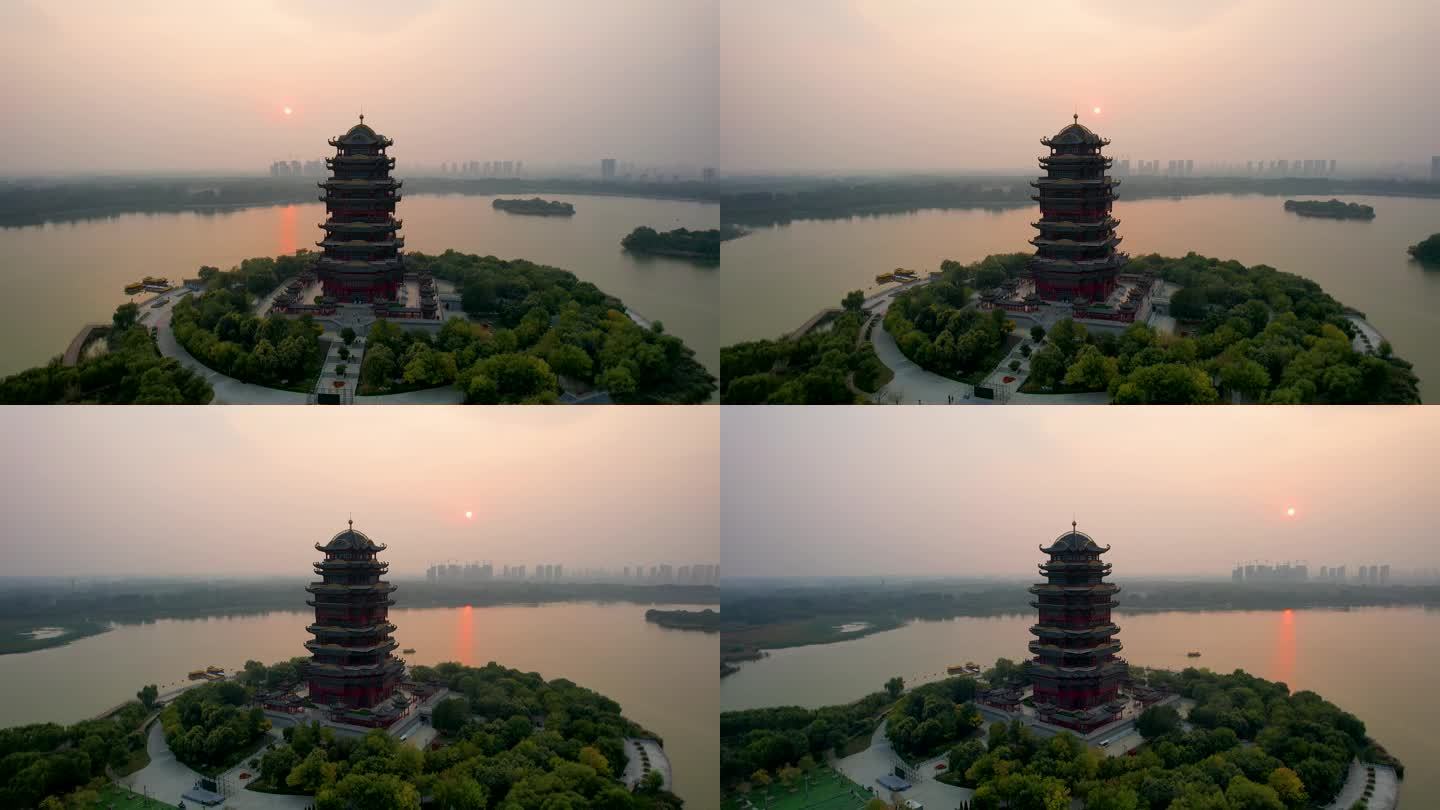 滨州黄河楼蒲湖风景区日落夕阳自然风光航拍