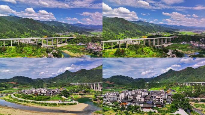 高速公路高架桥和村庄蓝天白云延时摄影