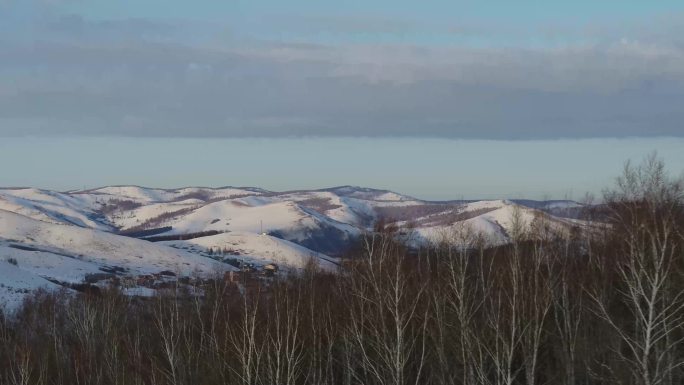 快速越过树林航拍山峰雪景