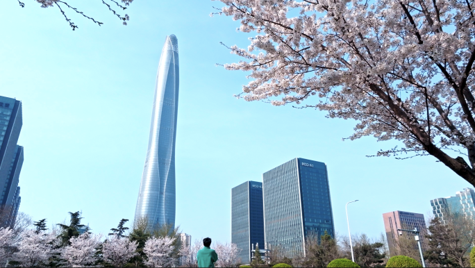 航拍4K天津周大福金融中心 春天的海棠花