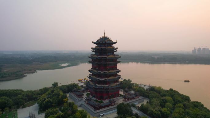 滨州黄河楼蒲湖风景区日落夕阳自然风光航拍