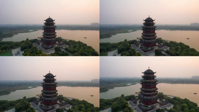 滨州黄河楼蒲湖风景区日落夕阳自然风光航拍