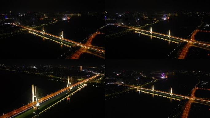 4K航拍湘潭市城市夜景湘潭三大桥