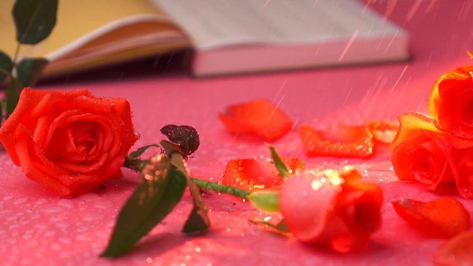 4K鲜艳的红玫瑰 阳光 书本 洒水打湿