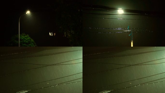 实拍雨夜路灯电线