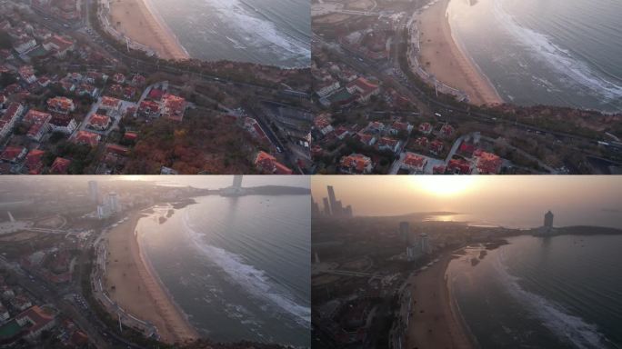 4K青岛红瓦建筑滨海沙滩眺望日出航拍视频