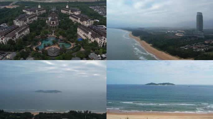 天津海边中国保利大楼海边与海岛航拍素材