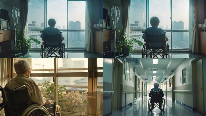 孤独老人坐着轮椅医院