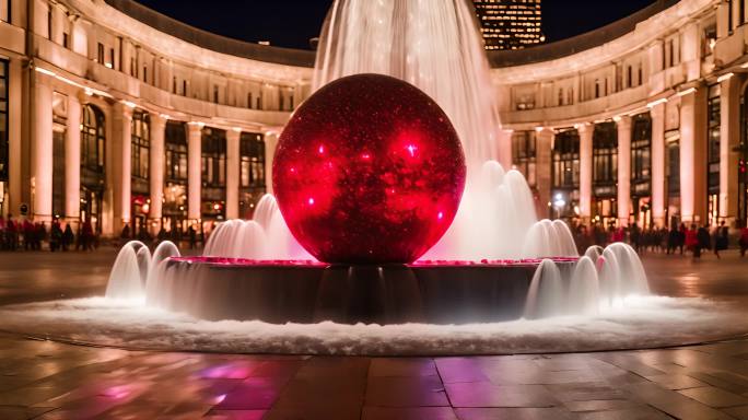 喷泉中的巨型红色圣诞球饰品